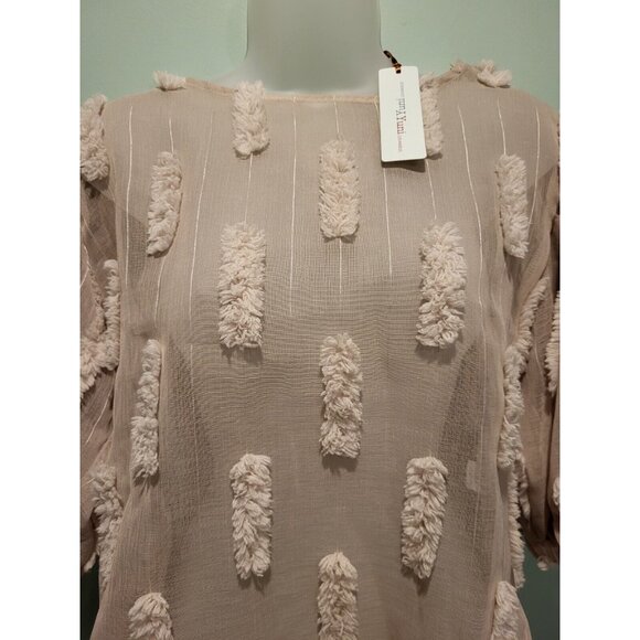 New Yuni Los Angeles Tan Sheer Puff Short Sleeve Top 3D Puff Accents Sz S - Picture 2 of 8